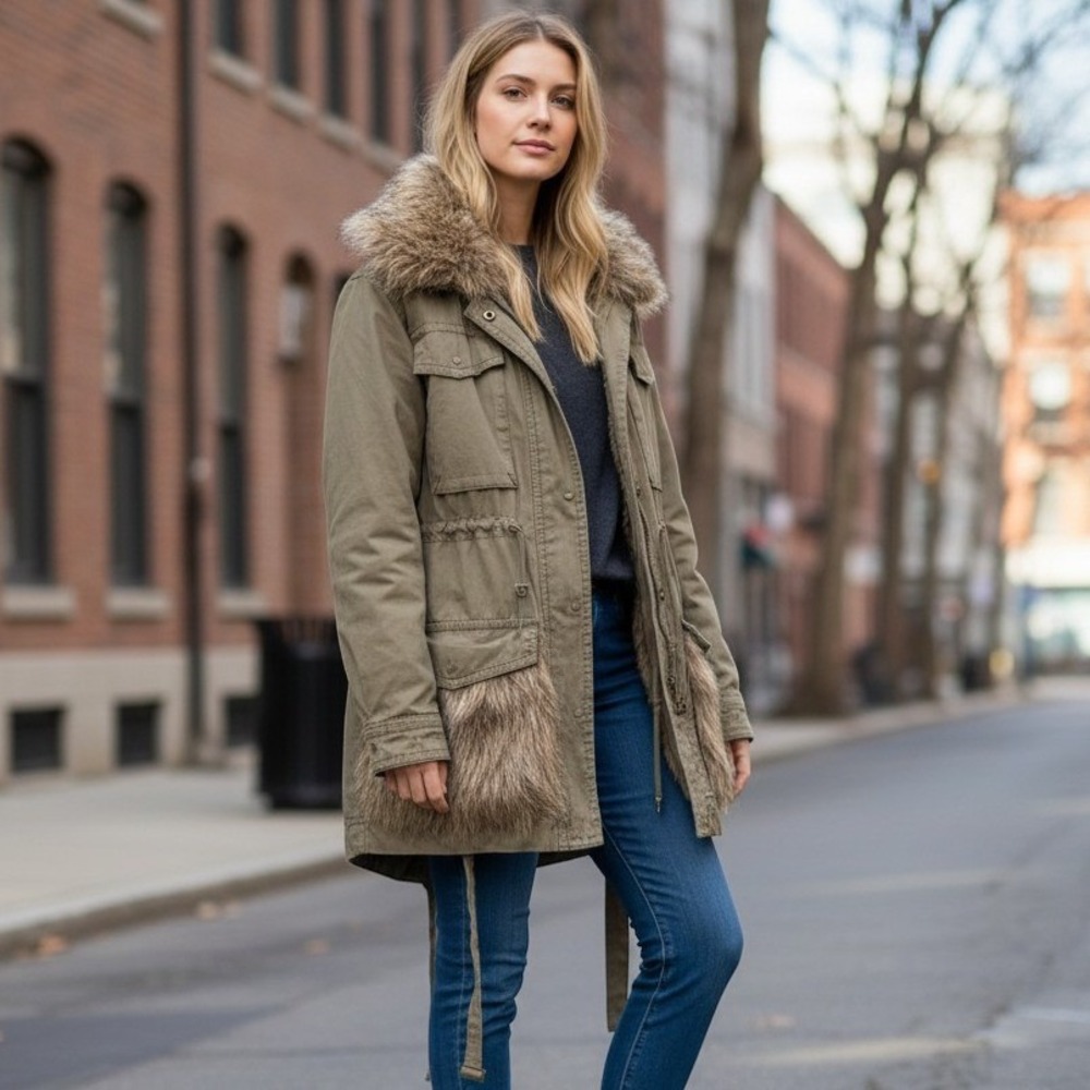 Anthropologie Utility Jacket Women's Small Army Green Faux Fur Trim Parka Coat S